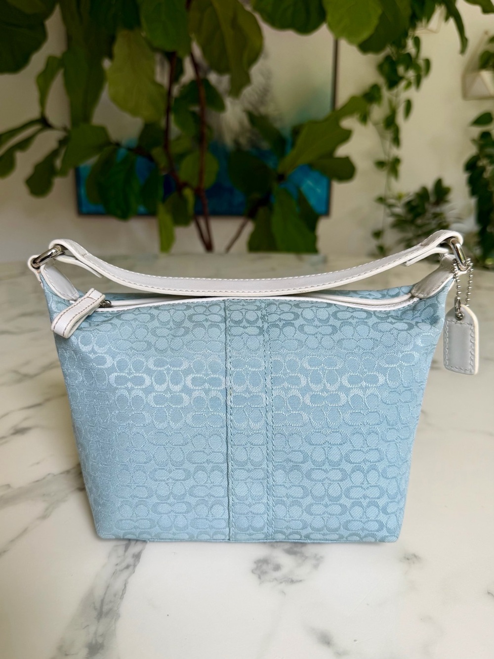 Coach Vintage Y2K Mini Signature Classic Top Handle Demi Pouch Sky Blue White